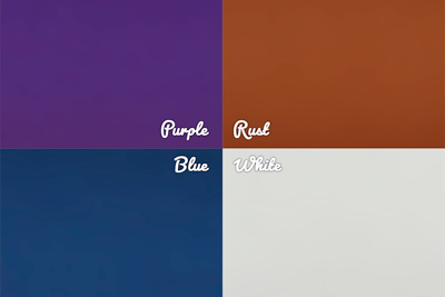 A grid of the four colors available: Purple, Rust, Blue and White.
