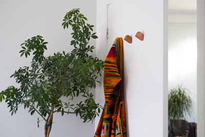 3 hooks behind a door with a coat hanging on one.