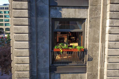 Outside view of the window with the planter decorating it.