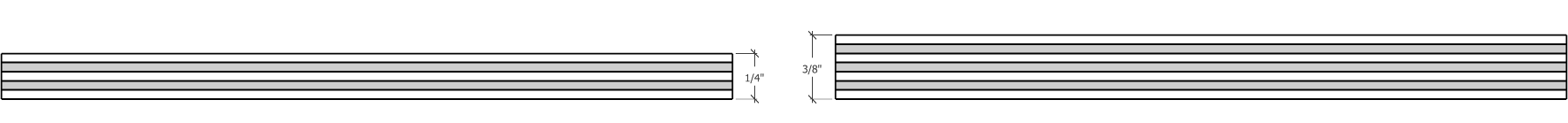 View of the thickness of 1/4 and 3/8 plywood.