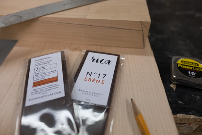 Two chocolate tablets being used to prototype the display.